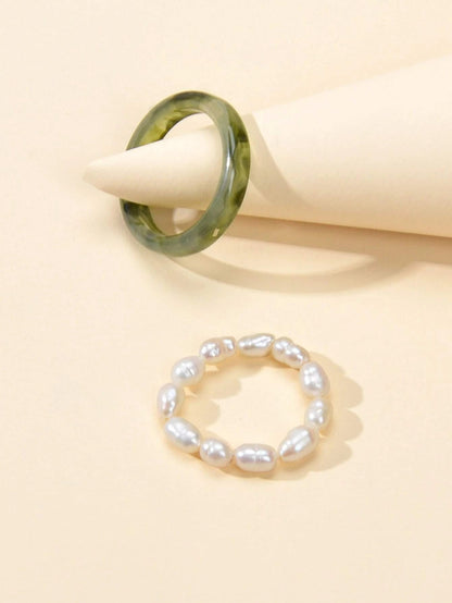 Feelontop 2pcs Pearl Elastic Retro Green Red Acrylic Ring New Women Accessories