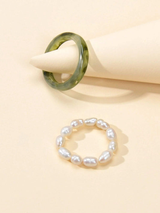 Feelontop 2pcs Pearl Elastic Retro Green Red Acrylic Ring New Women Accessories