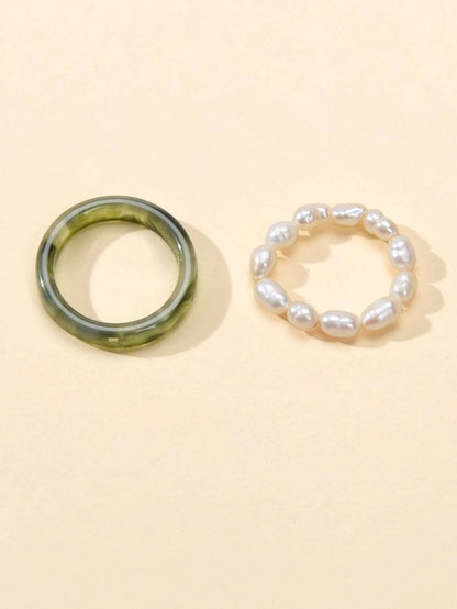 Feelontop 2pcs Pearl Elastic Retro Green Red Acrylic Ring New Women Accessories