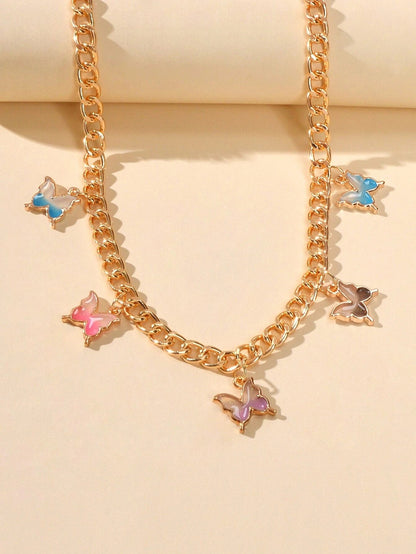 Hip Hop Colorful Enamel Bling Butterfly Charm Necklace Clavicle Chain Choker