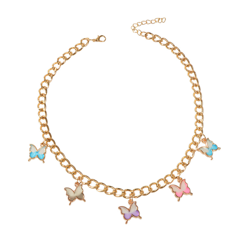 Hip Hop Colorful Enamel Bling Butterfly Charm Necklace Clavicle Chain Choker
